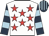 White, red stars, dark blue & light blue hooped sleeves, dark blue & light blue striped cap