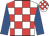 White & red check, royal blue sleeves, white & red check cap