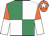 Emerald green and white (quartered), orange and white halved sleeves, orange cap, white star