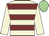 Beige, maroon hoops, beige sleeves, light green cap