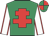 Emerald green, red cross of lorraine, white sleeves, red seams, emerald green and red quartered cap