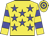 Yellow body, blue stars, yellow arms, blue hooped, yellow cap, blue hooped