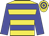 Yellow body, blue hooped, blue arms, yellow cap, blue hooped
