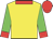 Yellow, green sleeves, red collar, cuffs and cap