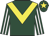Dark green, yellow chevron, dark green and white striped sleeves, dark green cap, yellow star
