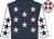 Dark blue, pink stars, white sleeves, dark blue stars, pink cap, dark blue stars