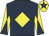 Dark blue, yellow diamond, yellow sleeves, dark blue diabolo,yellow cap, dark blue star