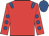 red, royal blue epaulets, royal blue spots on sleeves, royal blue cap