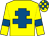 Yellow, royal blue cross of lorraine, royal blue armlet, check cap