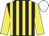 Black & yellow stripes, yellow sleeves, white cap