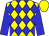 Yellow body, blue diamonds, blue arms, yellow cap