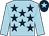 Light blue, dark blue stars, light blue sleeves, dark blue cap, light blue star