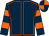 Dark blue, orange seams, hooped sleeves, quartered cap