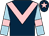 Dark blue, pink chevron, light blue sleeves, pink armlets, dark blue cap, pink star