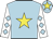 Light blue, yellow star, white sleeves, light blue diamonds, light blue cap, yellow star