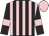 black, pink stripes, black sleeves, pink armlets, pink cap