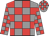 Grey body, red checked, grey arms, red checked, grey cap, red checked