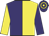 Purple and yellow (halved), sleeves reversed, purple and yellow hooped cap