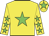 Yellow body, green star, yellow arms, green stars, yellow cap, green star
