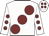 White, large maroon spots, maroon spots on sleeves, white cap, maroon spots