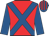 Red, royal blue cross sashes, royal blue sleeves, striped cap