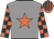 Grey, orange star, dark blue and orange check sleeves, orange and dark blue striped cap