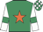 Emerald green, orange star, white sleeves, emerald green armlets, emerald green and white check cap