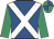Royal blue, white cross sashes, emerald green sleeves, royal blue & emerald green quartered cap