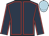 dark blue, red seams, dark blue sleeves, red seams, light blue cap