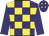 Purple and yellow check, purple sleeves, purple cap, yellow diamonds