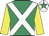 Emerald green, white cross sashes, yellow sleeves, white cap, emerald green star