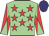 Light green, red stars, diabolo on sleeves, purple cap