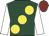 Dark green, large yellow spots, white sleeves, maroon cap