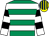 Emerald GREEN and WHITE HOOPS, white and black hooped sleeves, yellow and dark blue striped cap