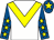 White, yellow chevron, royal blue sleeves, yellow stars, royal blue cap, yellow star