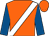Orange, white sash, royal blue sleeves, orange cap