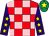 Red & pink check, purple sleeves, yellow stars, emerald green cap, yellow star