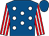 Royal blue, white spots, red and white striped sleeves, royal blue cap