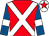 Red, white cross belts, royal blue sleeves, white armlets, white cap, red star