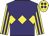 Purple body, yellow diamond hoop, yellow arms, purple stripes, yellow cap, purple spots