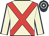 beige, red cross belts, dark blue seams on sleeves, dark blue and beige hooped cap