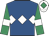 Royal blue, white triple diamond, emerald green sleeves, white armlets, white cap, emerald green diamond