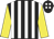 Black and white stripes, yellow sleeves, black cap, white spots