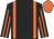 Black, orange braces, striped sleeves, orange cap
