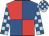 Red and royal blue (quartered), light blue and royal blue check sleeves and cap