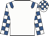 White, royal blue epaulets, royal blue and white check sleeves, white and royal blue check cap