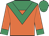 Orange, emerald green yoke, emerald green chevron, orange sleeves, emerald green cuffs and cap