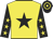 Yellow, black star, black sleeves, yellow stars, black cap, yellow hoops