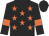 black, orange stars, black sleeves, orange armlets, black cap