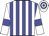 white, blue stripes, white sleeves, blue armlets, blue hoops on cap